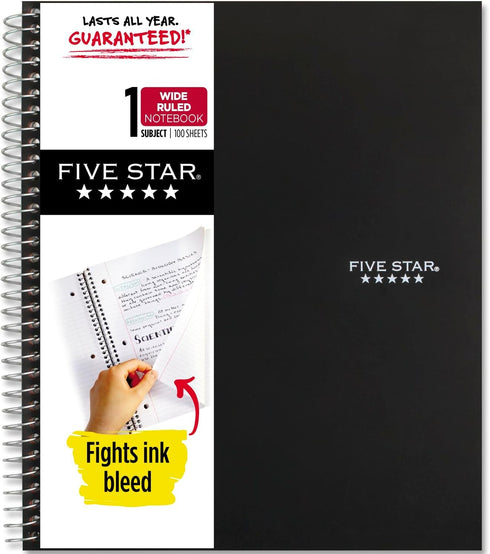 Five Star Spiral Notebook, 1 Subject, Wide Ruled, 100 Sheets, 8" x 10-1/2", Black, Water Resistant Cover, Fights Ink
