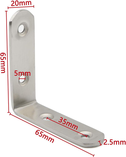 (10-Pack) 2.5mm 65mm 65mm 20mm 40 PxyelecStainless Steel L Bracket Joint Thick Silver Right Angle Corner Brace x x