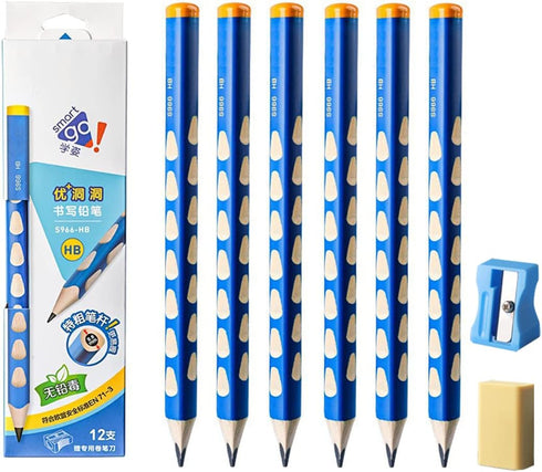 Triangular Fat Pencil - 12 Pack Jumbo Wood Pencils for Writing & Drawing, Thick HB with Eraser & Sharpener
