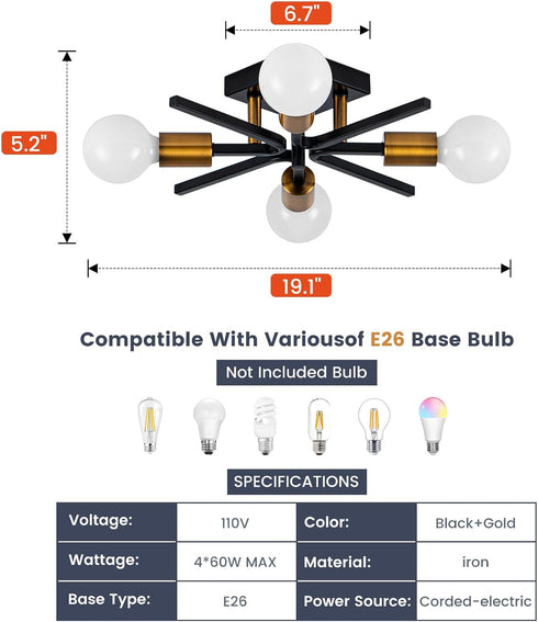 4 19" Hallway(E26) Light Sputnik Light Fixture Black Gold Flush Mount Lights Industrial Ceiling Light Modern Farmhouse