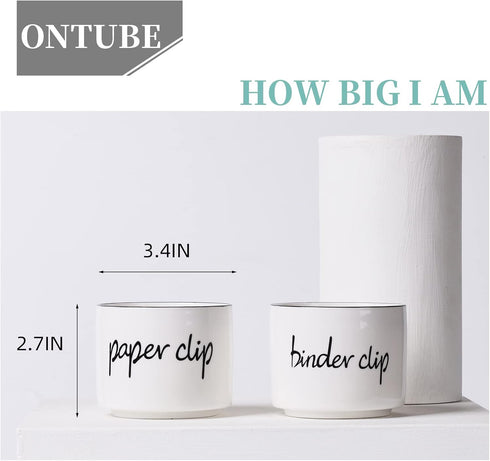 ONTUBE Ceramic Paper Clip Holder and Binder Clip Holder Set for Desk Organizer (White)