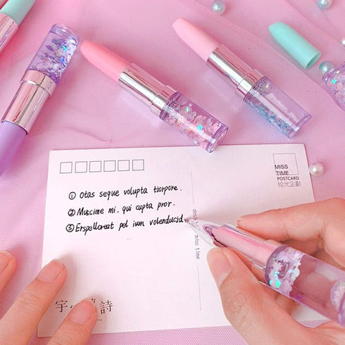 Funny Live 4 Pcs Cute Sequins Drift Gel Ink Rollerball Pens, Simulation Lipstick Ballpoint Pens, 0.7mm Black Ink