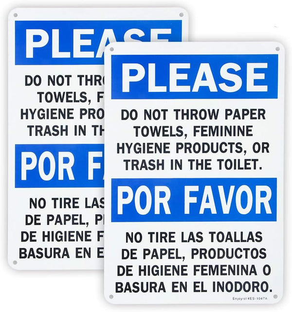 2 Pack Aluminum Sign 10"x 7" Please Do Not Throw Paper Towels, Feminine Hygiene Products, Or Trash In The Toilet