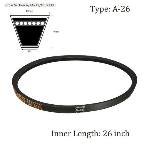 A26 V-Belts - A-Section Rubber Drive Belt, 26" Inner Length x 8mm Thickness x 13mm Width, Black, 40 Degree