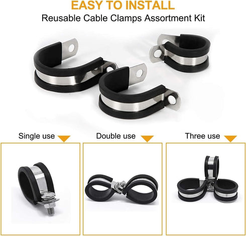 Universal TMKOOL 10 Pack Stainless Steel 1/2" Cable Rubber Cushioned Clamp, Insulated Metal Clamp for Tube Installation