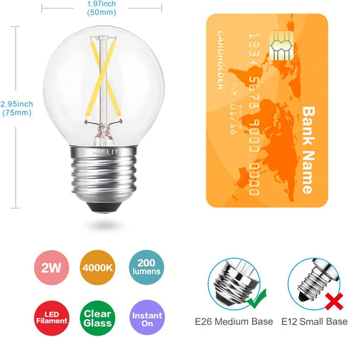 E26 LED Globe Bulb Dimmable, 2W (25-Watt Equivalent), Natural White 4000K, A15/A50 LED Edison Light Bulbs, 6-Pack