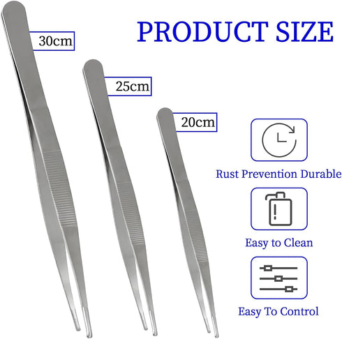 3Pcs Stainless Steel Tweezer Set, Long Precision Tweezers with Serrated Tips for Cooking and Repairing