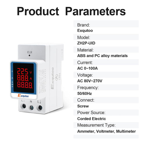 Digital Display Energy Meter, AC Rail-Mounted Electricity Usage Monitor for Voltage, Current, Energy Measurement