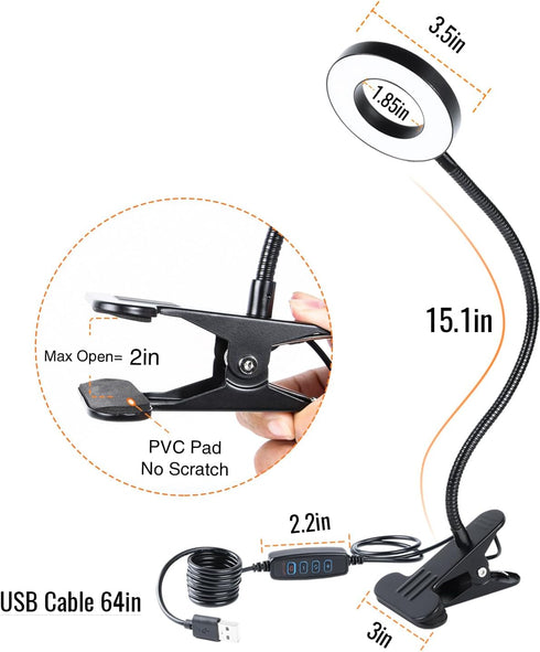 Clamp on Desk Lamp, 8W Clip Light with 3 Color Options, 10 Dimmable Illumination Modes (Black)