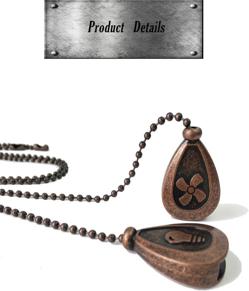 2Pcs Ceiling Fan Pull Chain Set, 12Inches Decorative Fan Pull Chain Pendant Extension, Lighting & Fan Beaded Ball Chain Extender with Connector(Red Copper) by OMYZERO