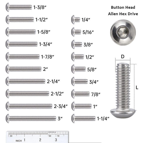 1/4-20 x 3/4" Hex Socket Button Head Cap Screws Bolts (50 Pack), 304 Stainless Steel 18-8, Bright Finish, Full Machine