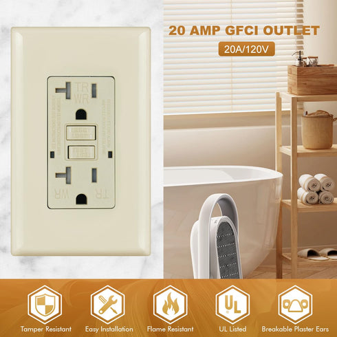 Micmi 20A 20Amp 125 (2Pack, GFCI Outlet Light Almond WR Weather Resistant Tamper Resistant TR Receptacle Self-Test