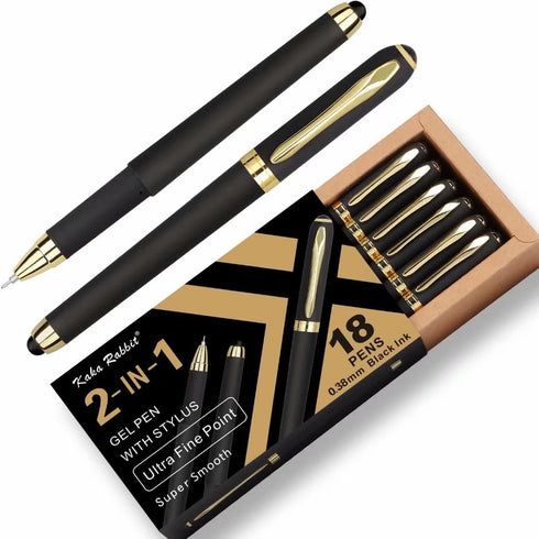 Gel Ink Rollerball Stylus Pen - 18 Pack, 0.38mm Extra Fine Point, 2 in 1 Capacitive Stylus Pen, Black Ink