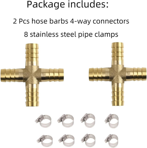 2 Pcs 3/8 "(10mm) brass hose barb joint 4-way cross barb splicing repair union, with 8 oil water air hose clamps, (+type 10mm)
