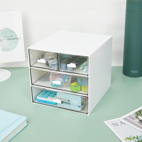 LETURE Desk Organizer with 4 Drawers, Clear Plastic Storage Box for Office Supplies and Stationery