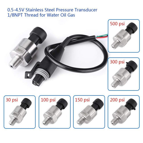 1/8NPT Thread Stainless Steel Pressure Transducer Sender Sensor, 30/100/150/200/300/500 psi for Oil Fuel Air Water