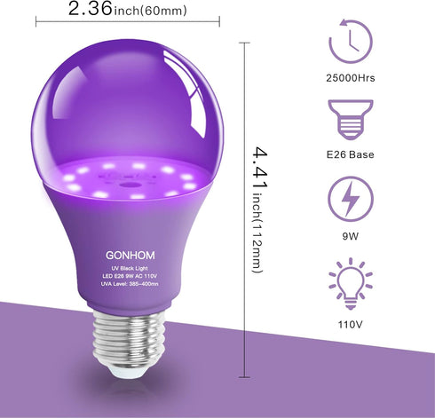 4 Pack A19 LED Black Light Bulbs, Dimmable 9W Blacklight Bulb, E26 Base, UVA Level 385-400nm, Glow in The Dark