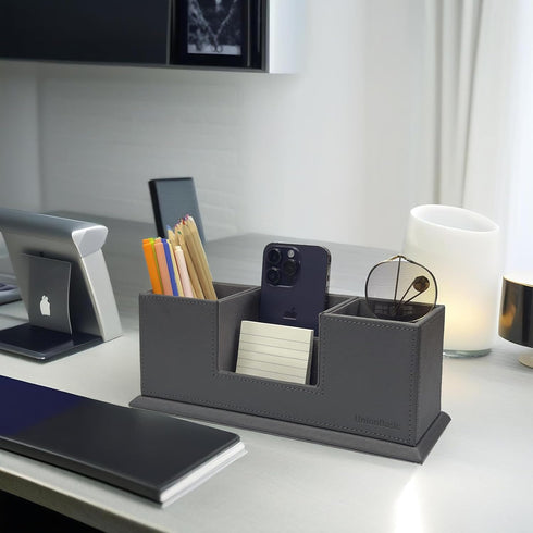 UnionBasic Leather Desk Organizer, Multi-compartment Pen Holder, Gray