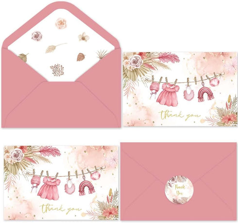 SolarGlory 50 Pack Pink Baby Shower Thank You Cards with Envelopes & Stickers