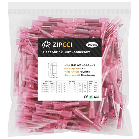 22-16 AWG Heat Shrink Butt Connectors - 100Pcs Red Crimp Waterproof Electrical Cable Wire Connector