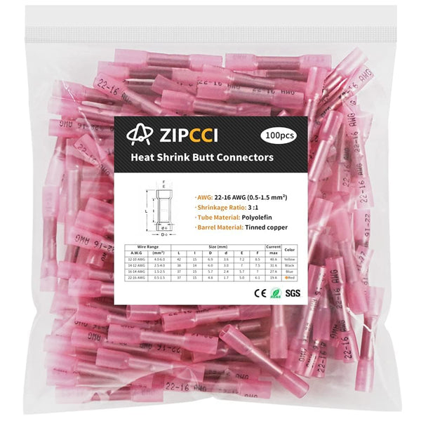 22-16 AWG Heat Shrink Butt Connectors - 100Pcs Red Crimp Waterproof Electrical Cable Wire Connector