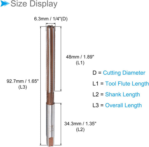 Hand Reamer, 1/4" Cutting Dia. 6 Flutes, High Speed Steel Milling Cutter Tool - / Applications: for Aluminum Plastic Wood Copper