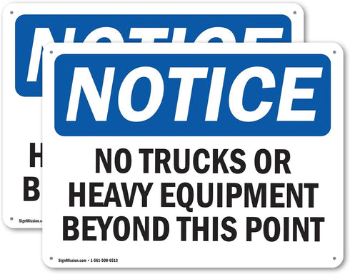 (2 Pack) OSHA Notice Sign, No Trucks Or Heavy Equipment Beyond This Point, 18 Inch X 12 Inch Aluminum