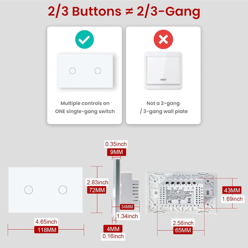 LOUYSGEN Switch,4.65 2.83 1.34 Inches,Neutral Panel,2.4GHz Alexa,110220V,Non-Dimmable,White 2 WiFi Light Wire
