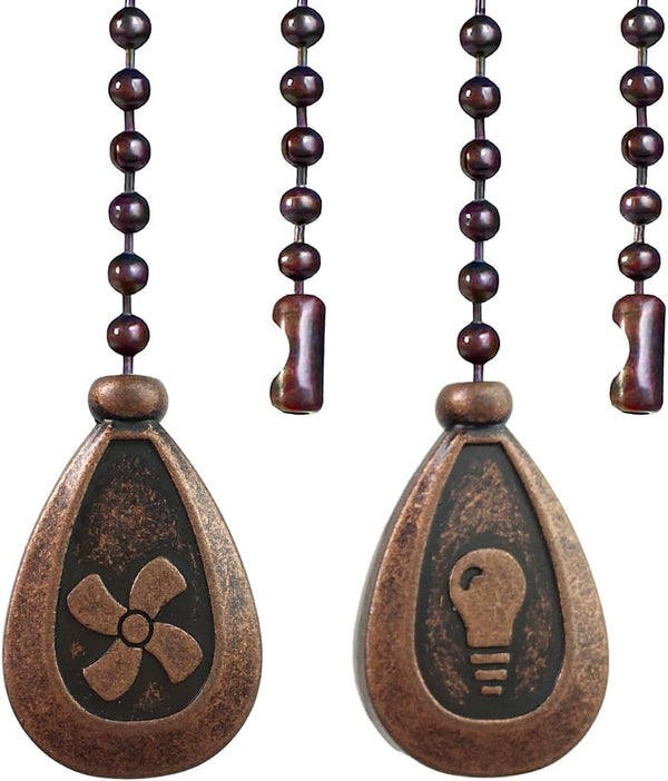 2Pcs Ceiling Fan Pull Chain Set, 12 Inches Decorative Beaded Ball Chain Extender with Connector (Red Copper)