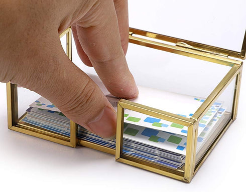 Hipiwe Glass Business Card Holder with Lid, Desktop Name Card Display Box Organizer, Gold Metal Container for Office