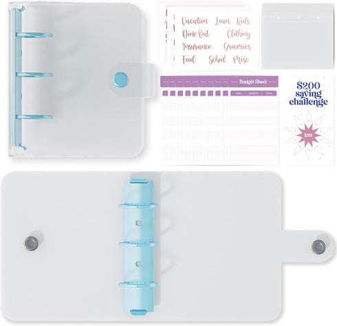 SOUL MAMA Mini A8 Binder Wallet with Cash Envelopes, Cute Blue Money Organizer for Budgeting