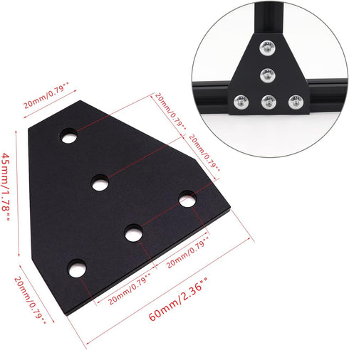 10pcs Corner Bracket Plate Black 2020 Series 5 Hole T Shape Joint Plates with 50pcs M5 T Nuts + 50pcs M5x8mm Screws + 1pcs Wrench for Slot 6mm 20S Aluminum Rail Accessories(10PCS T Shape)