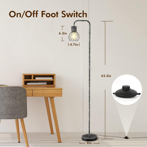 6W Bulb, Industrial Floor Lamp, Antique Silver Standing Lamp Modern with LED Foot Switch, Metal Tall Lamps for Living