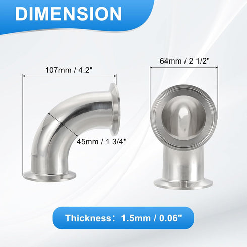 90 Elbow 1 3/4 "(45mm) 304 2" 64mm PATIKIL Degree Tube OD, Stainless Steel Sanitary Pipe Fittings Tri Sanitary Clamps