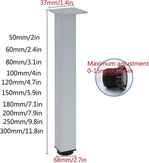 Generic Screws,4 80mm/3.1in,Silver Adjustable Metal Square Table Legs,Sofa Legs,Bathroom Cabinet Support Legs,Kitchen