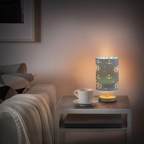 SUABO Bedside Table Lamp, Blue Nautical Pattern Nightstand Lamp Small LED Lamp Wood Base Round Flaxen Fabric Shade