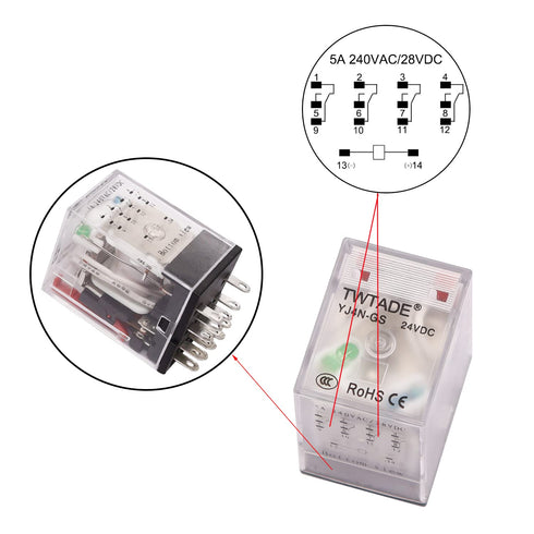 TWTADE/DC 12V Relay 5A Electromagnetic Power Coil Relay, 14 Pins with Indicator Light & Socket Base