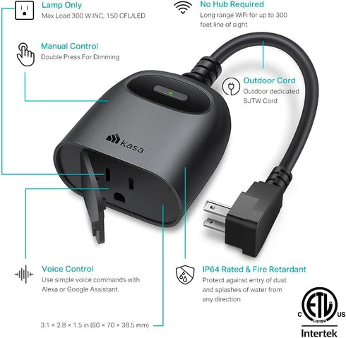 Kasa Outdoor Smart Dimmer Plug, IP64, Compatible with Alexa and Google Assistant, Long Wi-Fi Range