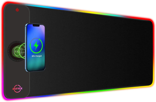RGB LED Mouse Pad with 15W Wireless Charger, Extra Large Non-Slip Rubber Base Gaming Mousepad for PC
