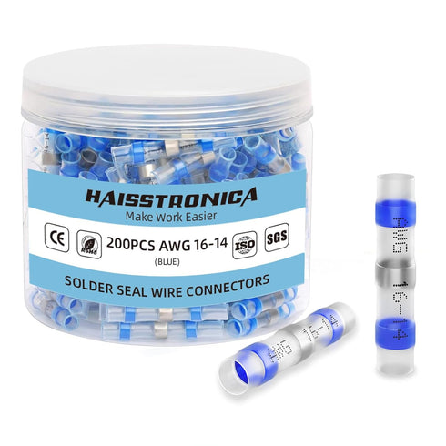 haisstronica 200PCS Waterproof Solder Seal Wire Connectors, Heat Shrink Butt Connectors for 16-14 Gauge Blue