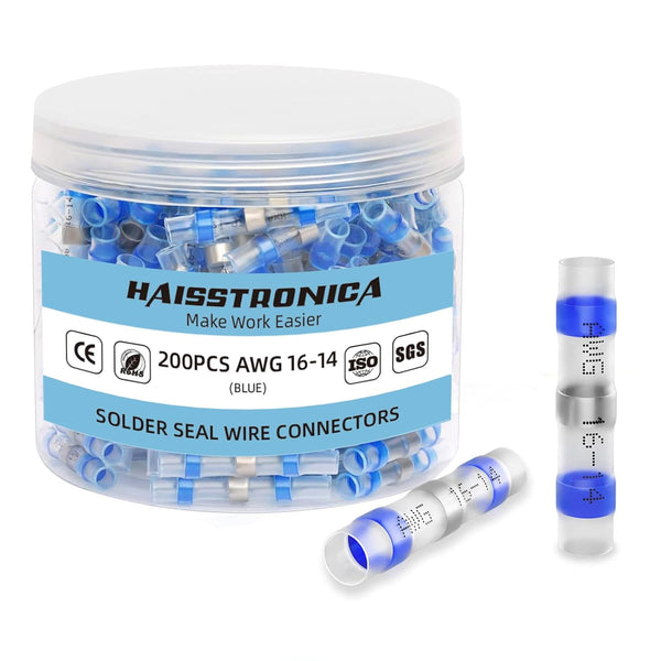haisstronica 200PCS Waterproof Solder Seal Wire Connectors, Heat Shrink Butt Connectors for 16-14 Gauge Blue