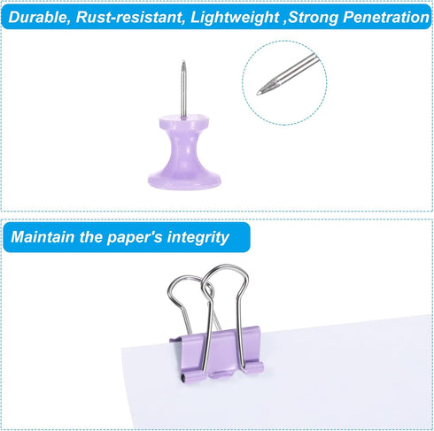 PATIKIL Metal Binder Clips Set, Small Durable Push Pins and Clips for Assorted File Documents, Purple