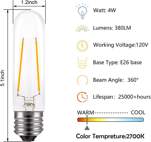 T10 Bulbs 2700K, Dimmable 4W 40W E26 3 Pack Edison LED Tube - Warm White, - Vintage Style, Equivalent to Incandescent