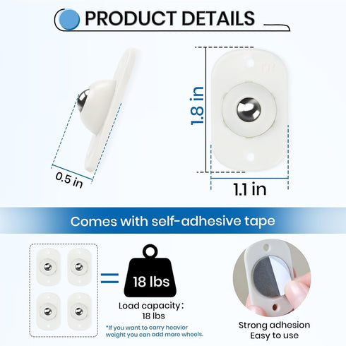 Self Adhesive Mini Caster Wheels, 360° Rotation Universal Wheel for Trash Can, Storage Box, Small Furniture (8, White)