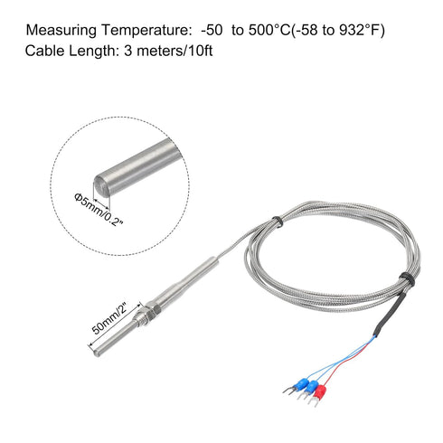 MECCANIXITY PT100 RTD Thermocouple Stainless Steel M8 Temperature Sensor Probe -50 to 500C 6.6ft