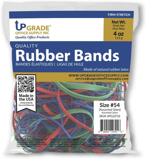 Upgrade Office Supply UPG22754A Rubber Bands, Size #54 Assorted Sizes in Red, Blue, and Green, 12 Ounce Bag