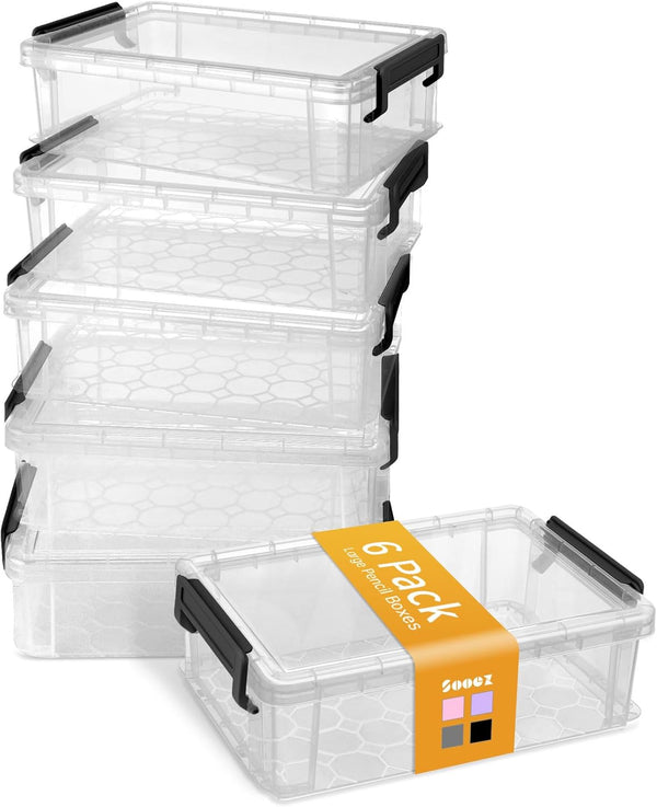 Sooez 6 Pack Extra Large Pencil Box, Clear Plastic Crayon Organizer with Lid, Stackable Storage Box for Craft, Pen,