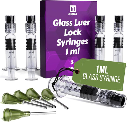 5 Pack Reusable Borosilicate Glass Luer Lock Syringe, 1ml Capacity, Pet Safe Needles for Arts, Crafts, Lab