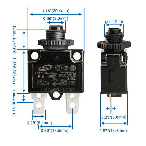 Baomain 5A Circuit Breaker Thermal Overload Protector, S11 Series 125/250VAC/65VDC, Pack of 10 (5 Amp)