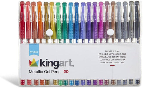 KINGART 400-20 Metallic Rollerball Gel Pens, Set of 20 Shiny Colors with Soft-Grip Comfort for All Ages